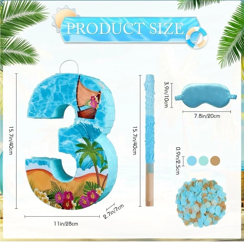 Tropical Beach Number 3 Pinata - Includes Stick, Blindfold & Confetti